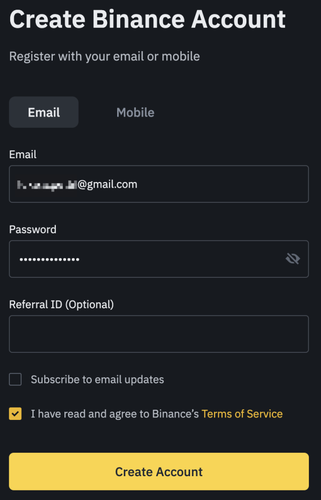 Binance Registration Form