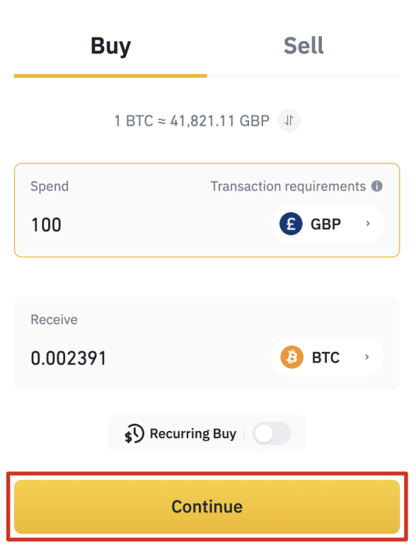 Buying the desired currency on Binance
