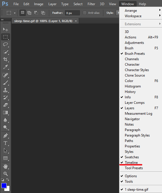 Enabling the timeline in Photoshop